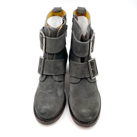 Frye Sabrina Boots Charcoal Gray Suede‎ Double Buckle Ankle Sz 6 Women's - Picture 2 of 10